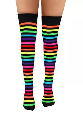 Ladies Over The Knee Stripey Striped Socks Cosplay Fancy Dress Up Party Punk Emo • £3.79