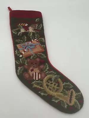 Vtg Teddy Bear Christmas Stocking Needlepoint Elf Horse French Horn • $16.20