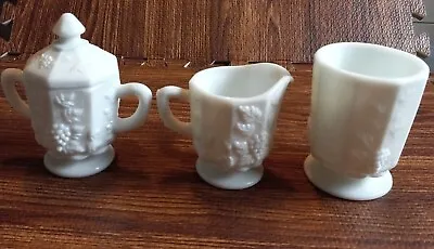 Westmoreland Milkglass Creamer Cup Sugar Bowl Paneled Grape Vintage Lot Of 3  • $25