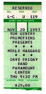 Merle Haggard 11/20/97 Bristol TN Paramount Center For The Arts Rare Ticket Stub • $9.99