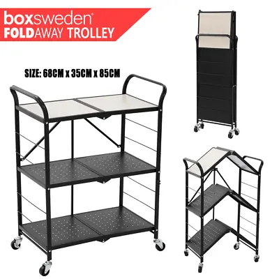 Boxsweden Foldable 3Tier Storage Trolley Shelf Rack Wood Top Cart Wheel Portable • $134.97