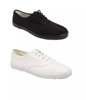 Dek Mens White Canvas Pumps Shoes Plimsolls Plimsol Retro Trainers Lace Up Size • £11.99