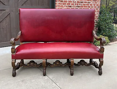 Antique Sofa Bench Settee Loveseat Ox Blood Red Upholstery Oak Rustic Farmhouse • $3750