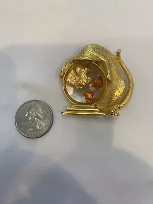 Vintage Jj Gold Tone Cat & Jelly Belly Gold Fish Bowl Brooch • $9.99