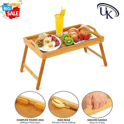 Bamboo Wooden Lap Serving Tray With Folding Leg Breakfast Food Tray Table • £11.47