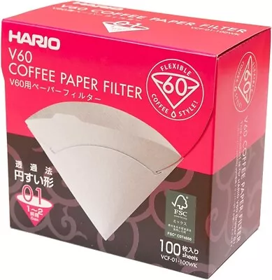 Hario V60 Paper Coffee Filters Size 01 White 100Ct Boxed • $23.99
