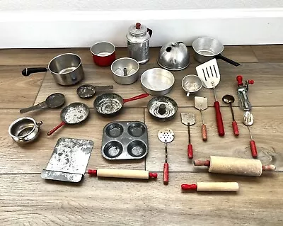 Vintage Child's Toy Aluminum Baking Cookware Cooking Kitchen Bake Set 27 Pieces • $35.99