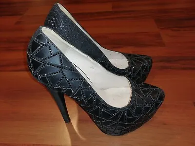 Scarpe J-4 Womens Sexy Lap Dance High Heel Shoes Black With Plateau Size 7.5/8 • £16.80