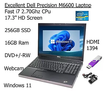 Dell M6600 Fast I7 512GB SSD  16GB Laptop Office Large 17.3  HD HDMI Webcam W11 • £274.95