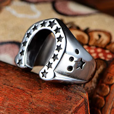 Vintage Horseshoe Amulet Ring Stainless Steel Men's Boy's Lucky Star Biker Ring • $12.98