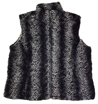 Erin London Silky Faux Fur Vest Black Gray Animal Print Full Zip Size Size XL • $18.95