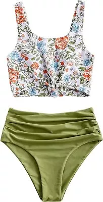 ZAFUL Womens Knotted Front Tankini High Waisted Bikini (Plant Print-Green L) • $7.99