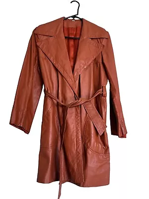 Vintage COUNTRY PACER  Orange Brown Leather Trench Coat Jacket Belted Womens S  • $50