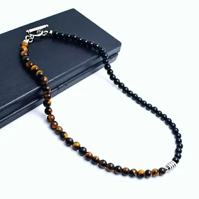 Natural Black Onyx With Tigers Eye Gemstone 6mm Beads Men Women Necklace 18  UK • £8.90