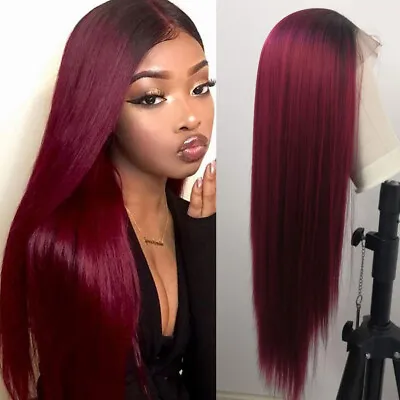 $36.92 • Buy Ombre Burgundy Lace Front Wigs Heat Resistant Synthetic Long Straight Hair Soft