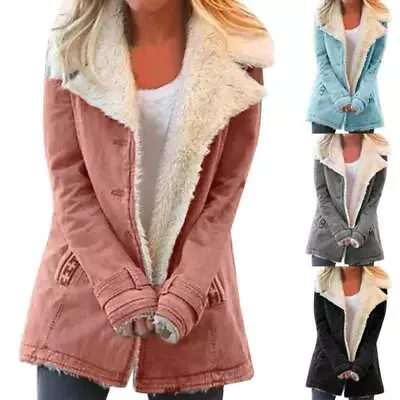 $39.34 • Buy Women Sherpa Lined Lapel Coat Winter Warm Fleece Jacket Padded Cardigan Outwear