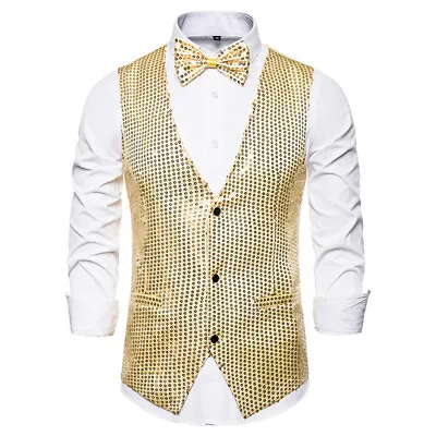 Mens Sequin Vest Button Vest Glitter Waistcoat Business Dance Party Suit • £12.85