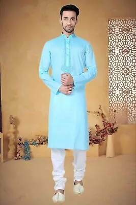 Kurta Indian Cotton Men's Wear Sky Blue Shirt Pajama Dress Clothing Traditional • £58.36