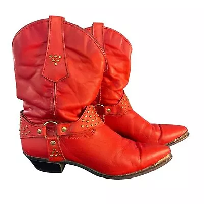 Vintage 1980s WRANGLER Metal Studded Red Leather Cowgirl Boots Pointed Toe Sz 9 • $120