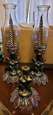 $30 • Buy  Vtg. Brass Style Cherub  Candle Holder Set Of 3. 2 W/Glass Hurricane Chimney