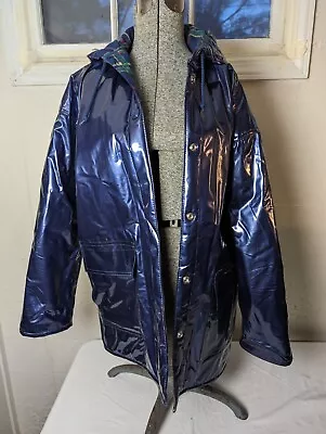 Vintage Whippet Rainthings Glossy Purple Blue Vinyl Raincoat Lined Rain Jacket S • $39.99