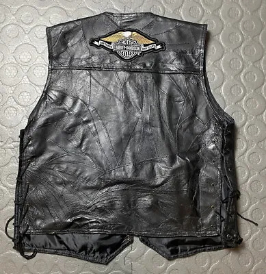 Canyon Creek Leather Motorcycle Vest Men XL Black Side Tie Harley Davidson Patch • $25