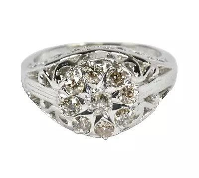 Vintage Natural European Cut Diamond  Cluster  Platinum Ring • $925