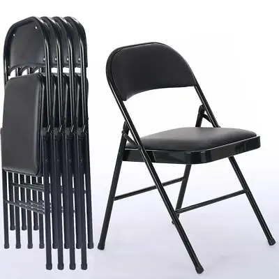 4Pcs Black Folding Chairs Fabric Upholstered Padded Seat Metal Frame Home Office • $71.98