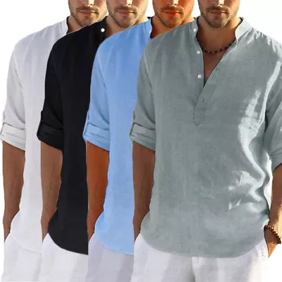 Men Collarless Cotton Linen Grandad Shirts Solid Casual Fit Blouse Soft Tee Top • £9.67