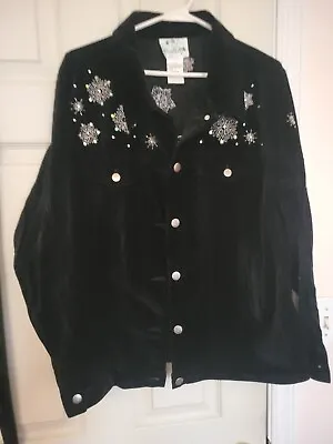 Quacker Factory Ladies Black Shirt Jacket W/Pockets Snowflakes Snowman On Back • $15