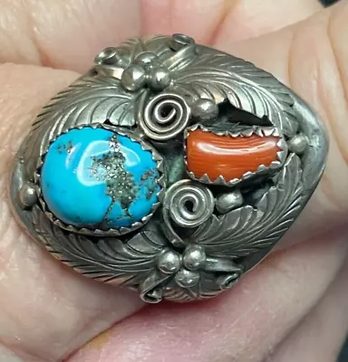 Vintage Navajo Native Ring Sterling Silver Turquoise Coral Size 14.25 • $75