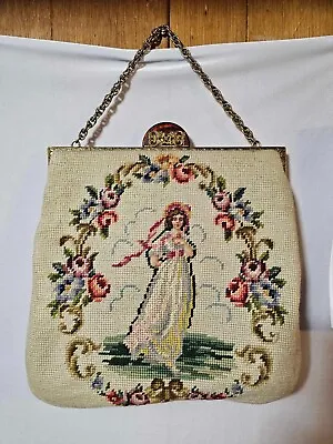 RARE Vtg Needlepoint Large Handbag / Purse W/ Prince Princess Couple Floral • $399.99