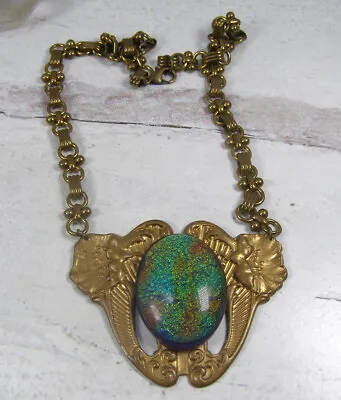 Vintage Brass Poppy Flower Green Faux Opal Statement Necklace Art Nouveau • $40