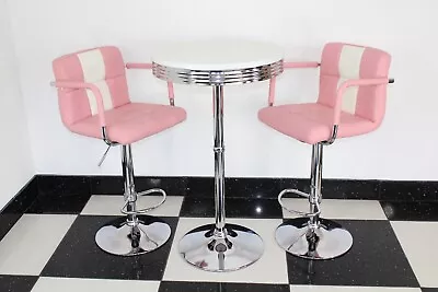 American 50s Diner Furniture Round Bistro Table And 2 Pink Stools With Arms • £239.95