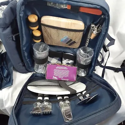 Picnic Backpack Wine Cheese Gift Set Insulated Plates Glasses Utensils For 2 • $29.95