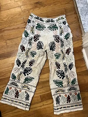 Zara Embroidered Pants Medium White Palm Fronds Matisse • $20