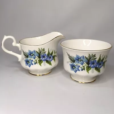 Vintage Queen Anne Creamer & Sugar Bowl Blue Floral Bone China England • $14.97