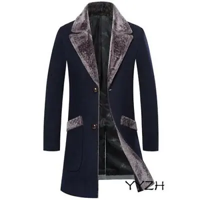 Men Mid Length Coat Lapel  Single Breasted Coat Faux Fur Collar Wool Blend Coat • $73.05