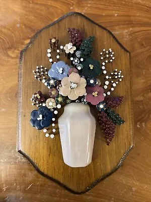 Vintage 1970s Pol-O-Craft Nail Art Pauline A. Owens Flower Vase Wood Plaque 8x5” • $21