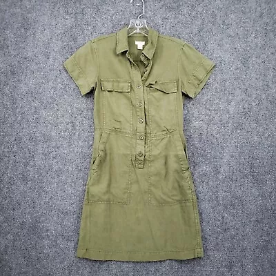 J Crew Shirt Dress Women 00 2XS Green Short Sleeve Button Up Mini Utility Safari • $24.99