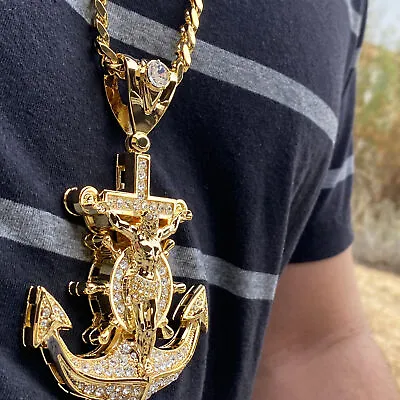 18K Gold Plated Huge Mariners Anchor Cross Jesus Cuban Chain Flooded Out CZ 30  • $29.95
