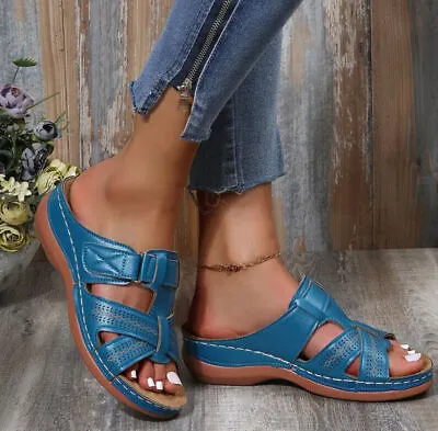 Womens Wide Fit Flat Sandals Wedges Slippers Ladies Peep Toe Mules Shoes Size • £3.50