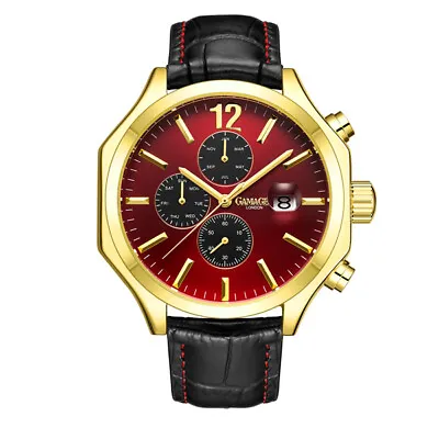 Mens Automatic Watch Gold Opulence Black Leather Strap Red Dial Watch GAMAGES • £59.99