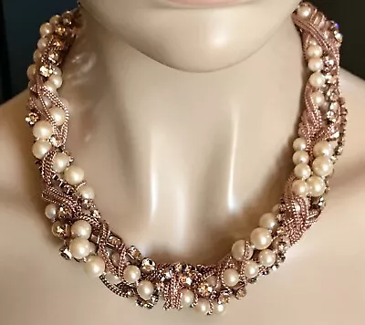 J CREW Multi Strand Rose Gold Tone ~ Faux Pearl Chunky Heavy Statement Necklace • $24.99