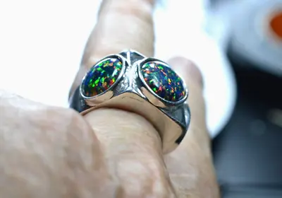 7.45 Ct Aaaa Large Australian Black Opal Lab Created 925 Sterling Silver Ring • $149.99