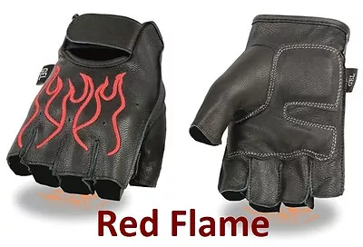 Black Leather FINGERLESS Gloves RED FLAMES Gel Palm Motorcycle Biker Rider • $12.90