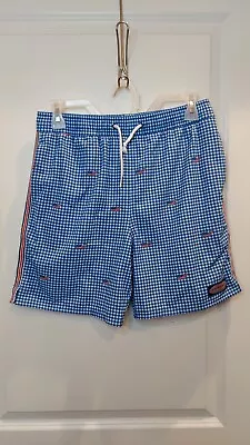 Vineyard Vines Men's Swim Shorts Blue And White Gingham Red White And Blue Logo • $13.75