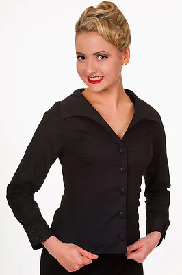 BLACK FITTED SHIRT Size 14 12 10 8 - Office Work Retro Vintage Style BANNED UK • £19.99
