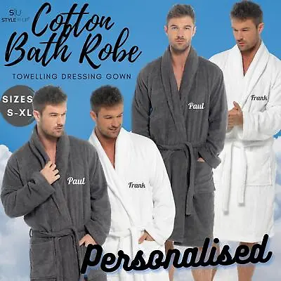Personalised Mens Luxury Hooded Towelling Bath Robe Dressing Gown Shawl Collar • £35.99