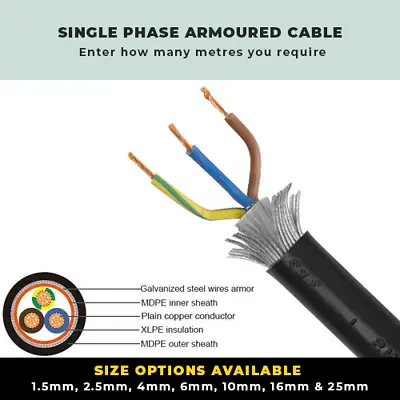 Armoured Cable With Coloured Cores 1.5mm - 25mm Single Phase Swa Cable Per Metre • £2.96